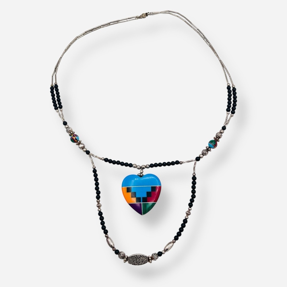 Southwestern Silver Necklace Inlay Heart Pendant‎ Black Onyx Beaded